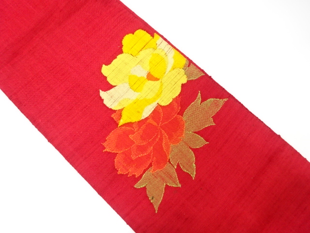 JAPANESE KIMONO / ANTIQUE NAGOYA OBI / SILK / TSUMUGI / WOVEN PEONY